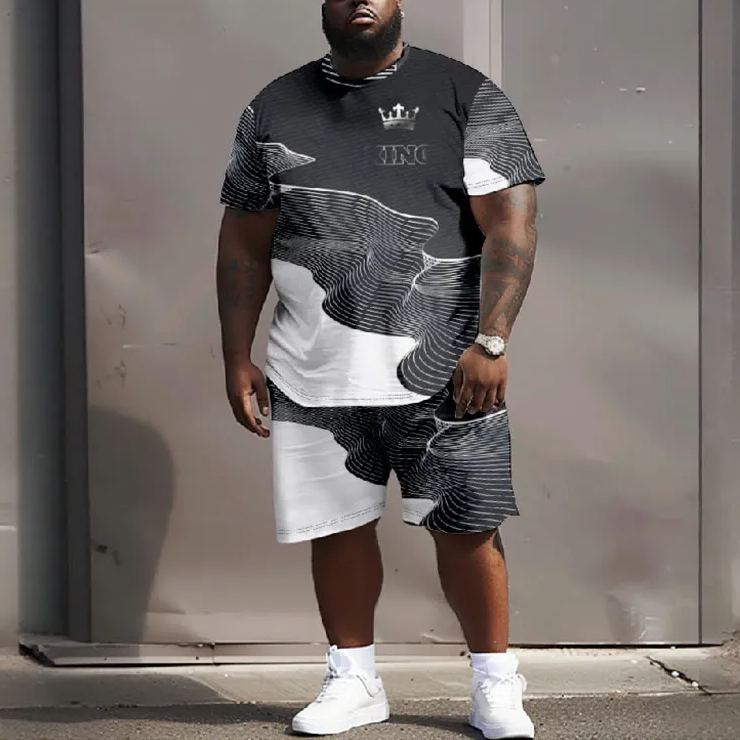 Men's Plus Size Wavy Striped King Crown Casual Short Sleeve T-shirt Two-piece Set