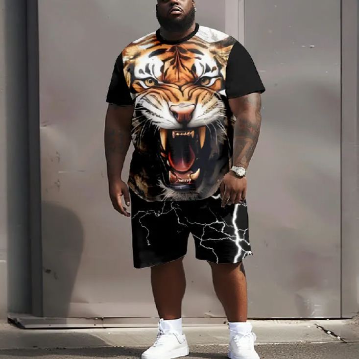 Men's Plus Size Vivid Roaring Tiger Casual Short Sleeve T-shirt Two-piece Set