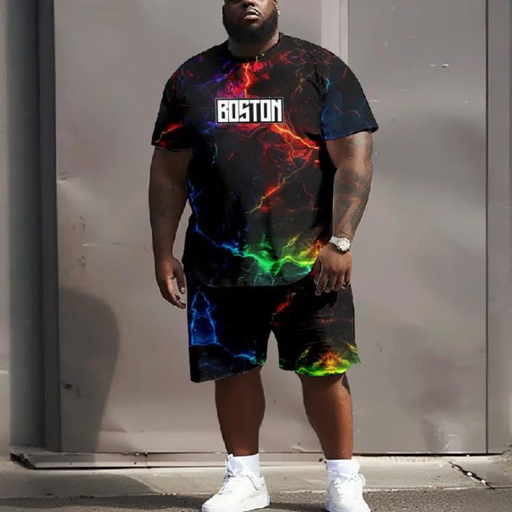 Men's Plus Size Boston Colorful Lightning Striped Casual Short Sleeve T-shirt Two-piece Set