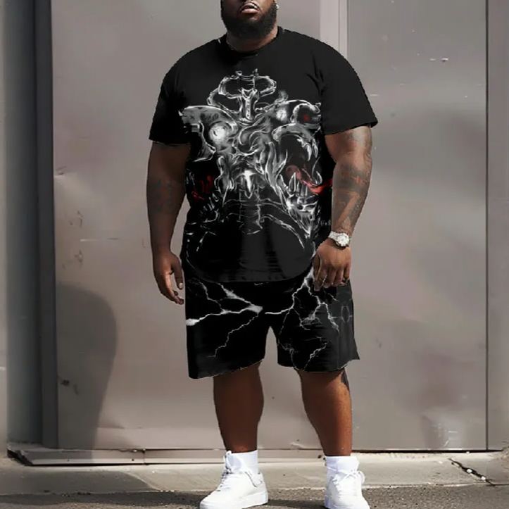 Men's Plus Size Abstract Horror Skull Graffiti Casual T-shirt Two-piece Set