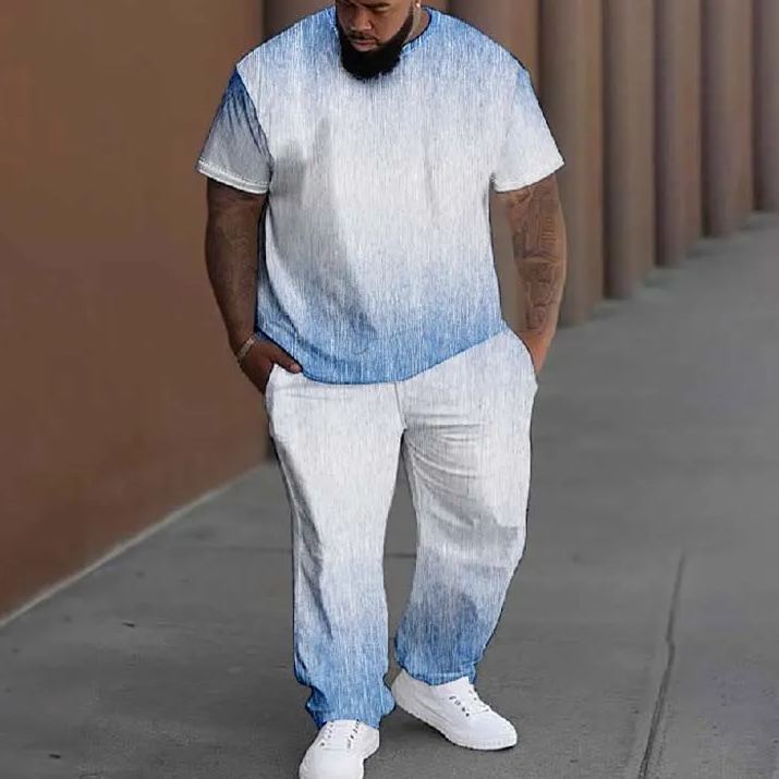  Men's Plus Size Summer Fashion Simple Color Printed T-shirt Pants Set