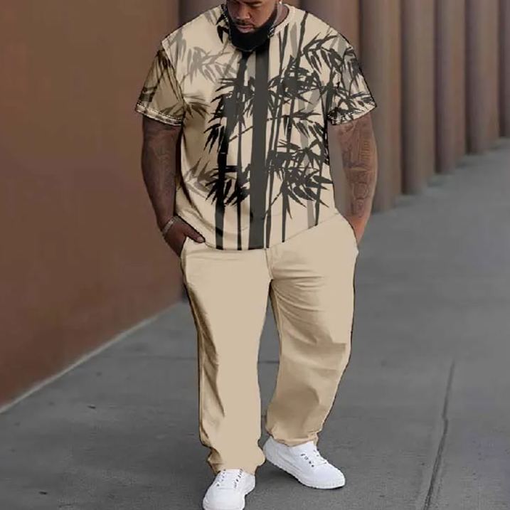  Men's Plus Size Vintage Ink Bamboo Printed T-shirt Pants Set