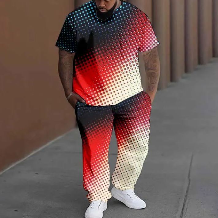  Men's Plus Size Colorful Spotted Drops Pattern Printed T-shirt Pants Set