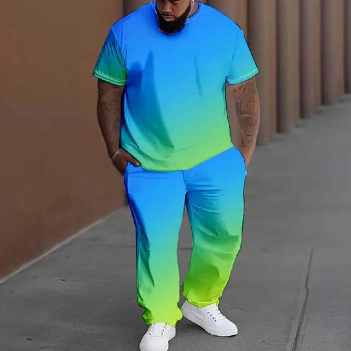  Men's Plus Size Summer Fashion Ombre Blue Printed T-shirt Pants Set