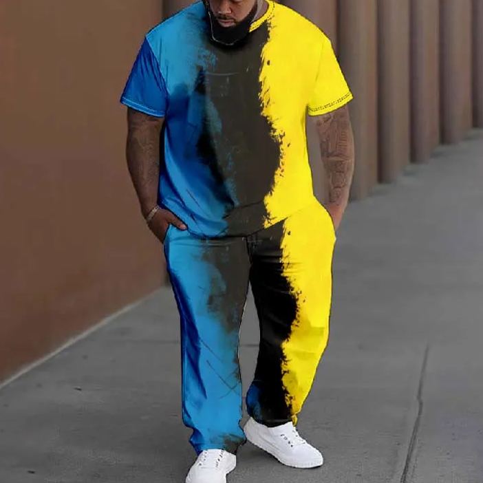  Men's Plus Size Summer Contrast Ink Splash Printed T-shirt Pants Set