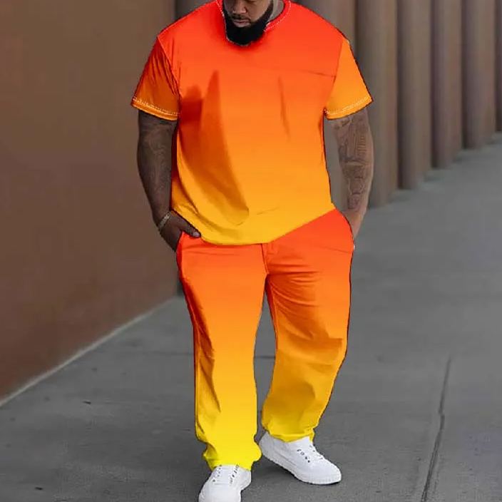  Men's Plus Size Summer Fashion Ombre Orange Printed T-shirt Pants Set