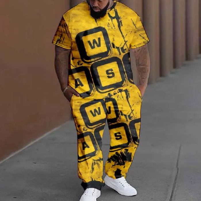  Men's Plus Size Retro Keyboard Pattern Printed T-shirt Pants Set