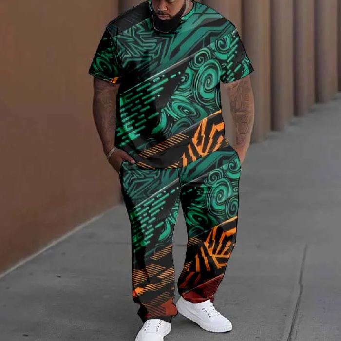  Men's Plus Size Vintage Splicing Striped Circle Pattern Printed T-shirt Pants Set