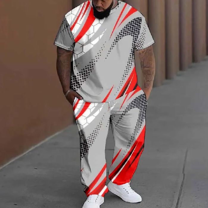  Men's Plus Size Summer Fashion Striped Sports Printed T-shirt Pants Set