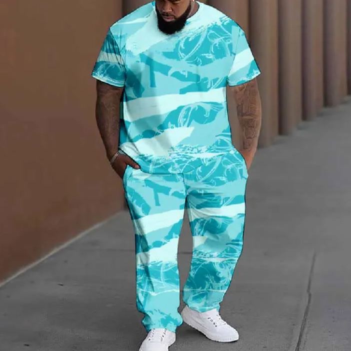  Men's Plus Size Abstract Colorblocks Graffiti Printed T-shirt Pants Set