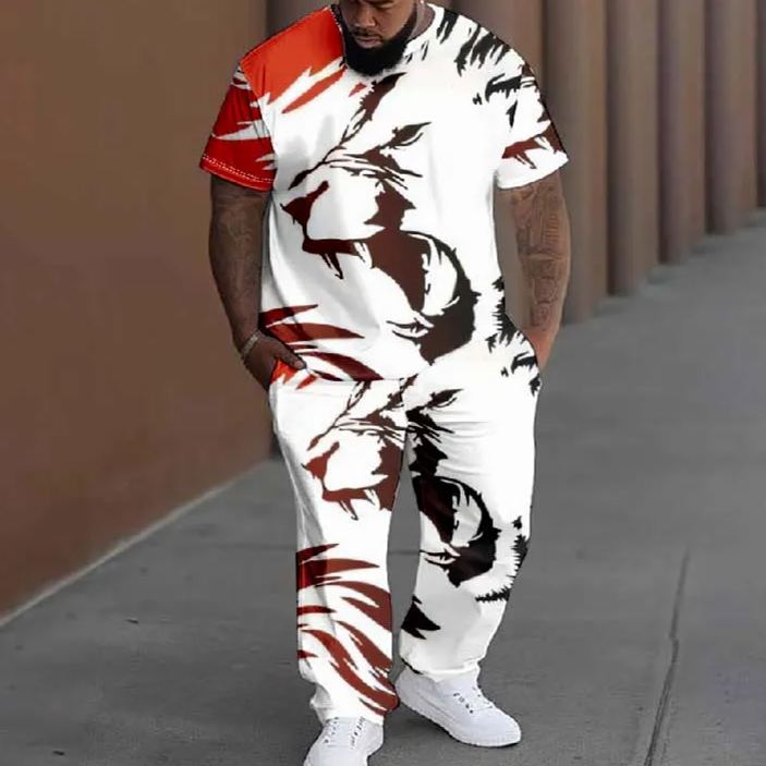  Men's Plus Size Irregular Watercolor Graffiti Printed T-shirt Pants Set