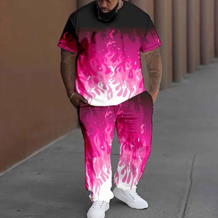  Men's Plus Size Summer Ombre Abstract Torches Printed T-shirt Pants Set