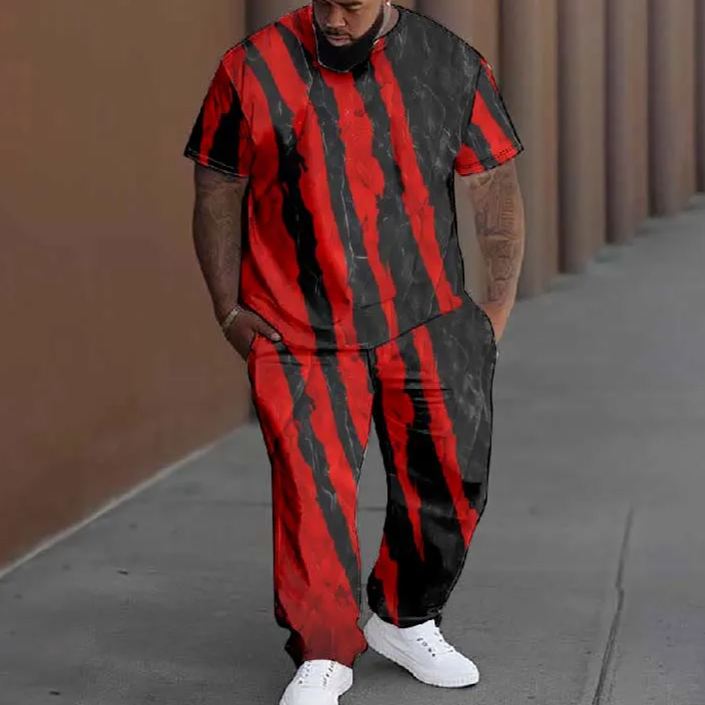 Men's Plus Size Contrast Black And Red Striped Printed T-shirt Pants Set