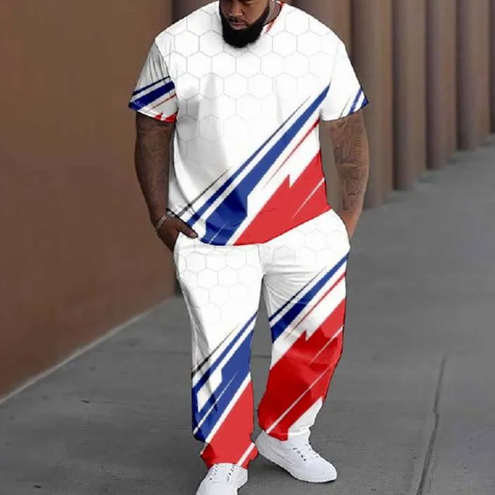  Men's Plus Size Summer Simple Rhombic Sports Printed T-shirt Pants Set