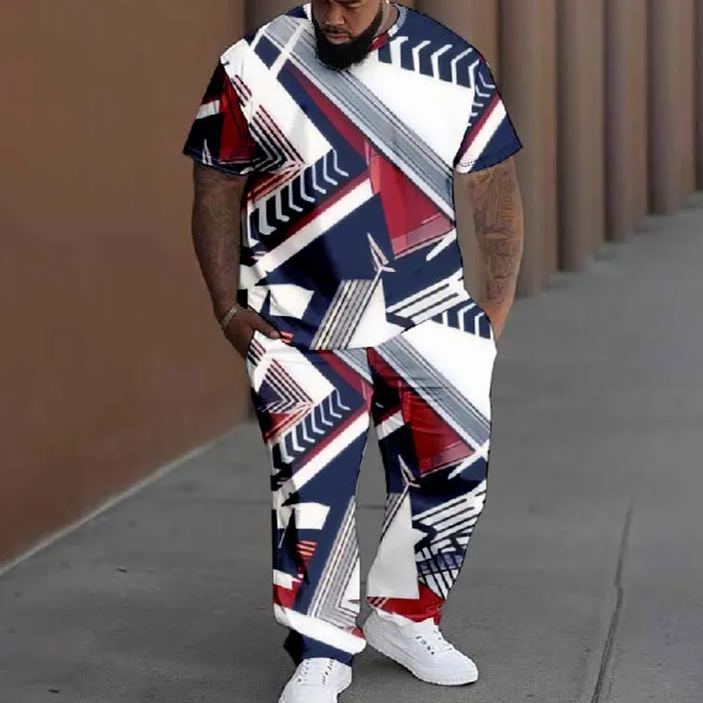  Men's Plus Size Summer Contrast Arrowhead Colorblocks Printed T-shirt Pants Set