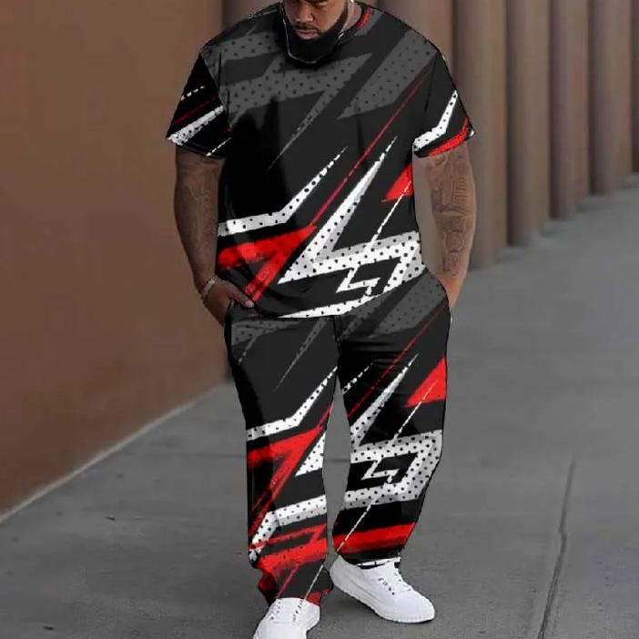  Men's Plus Size Summer Sporty Streak Pattern Printed T-shirt Pants Set