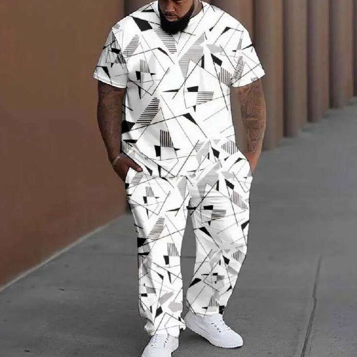  Men's Plus Size Black And White Abstract Fragments Printed T-shirt Pants Set