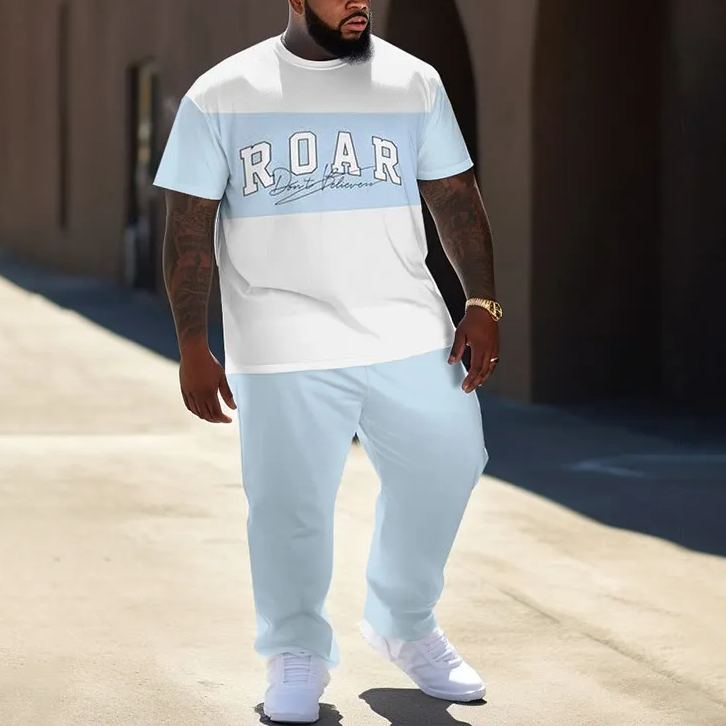  Men's Plus Size Summer Simple Roar Casual Printed T-shirt Pants Set