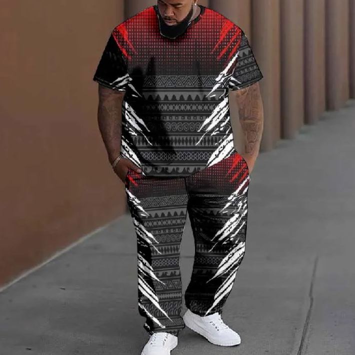  Men's Plus Size Vintage Mysterious Pattern Casual Printed T-shirt Pants Set