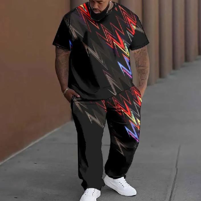  Men's Plus Size Colorful Dancing Music Curve Printed T-shirt Pants Set