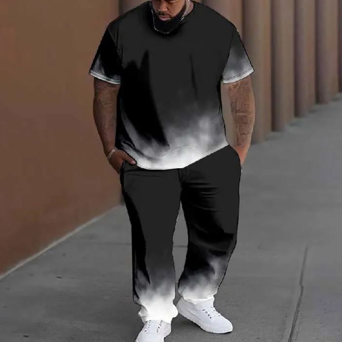  Men's Plus Size Summer Simple Black And White Casual Printed T-shirt Pants Set