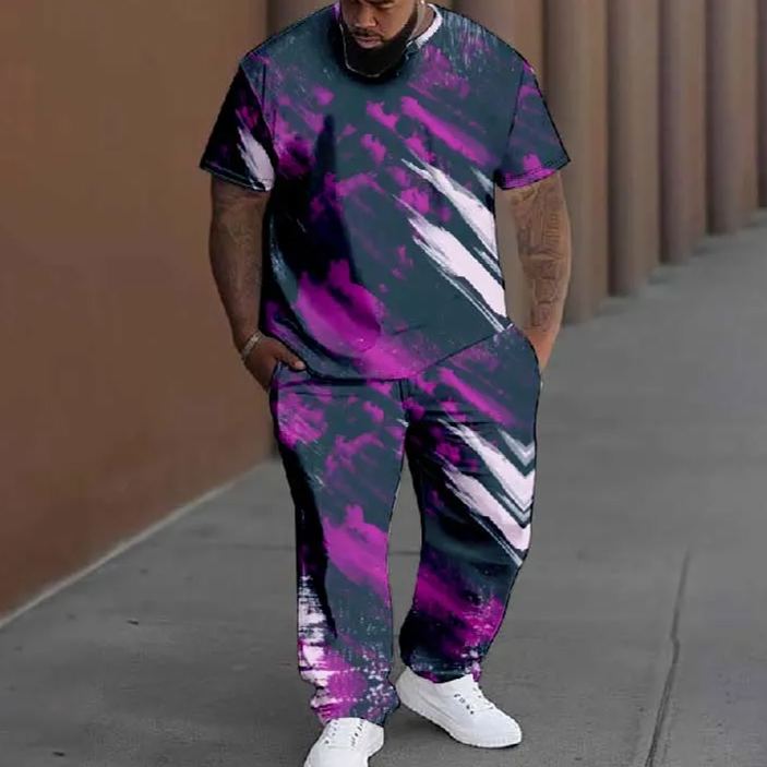 Men's Plus Size Retro Watercolor Graffiti Casual Printed T-shirt Pants Set
