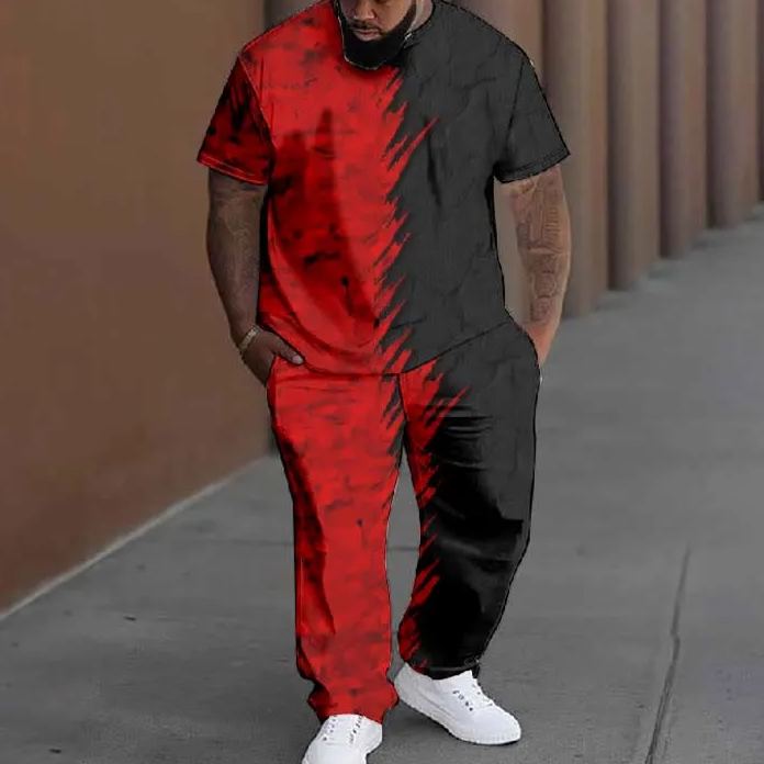  Men's Plus Size Summer Fashion Black And Red Splicing Casual Printed T-shirt Pants Set