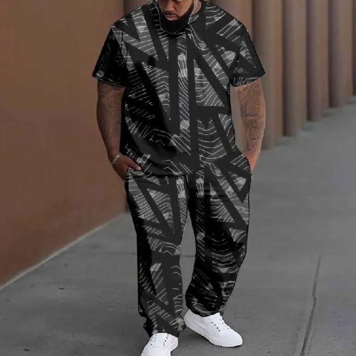  Men's Plus Size Retro Irregular Geometric Pattern Printed T-shirt Pants Set