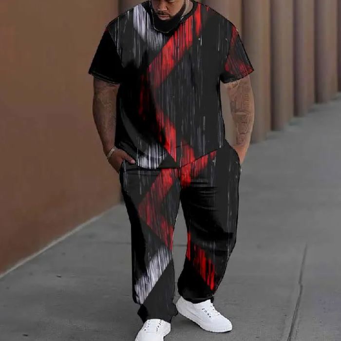  Men's Plus Size Summer Fashion Black And Red Striped Graffiti Printed T-shirt Pants Set