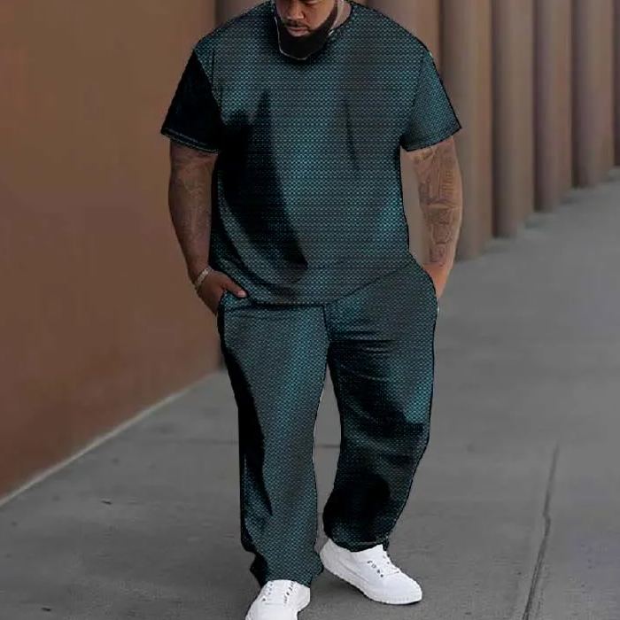  Men's Plus Size Summer Retro Wavy Curve Casual Printed T-shirt Pants Set