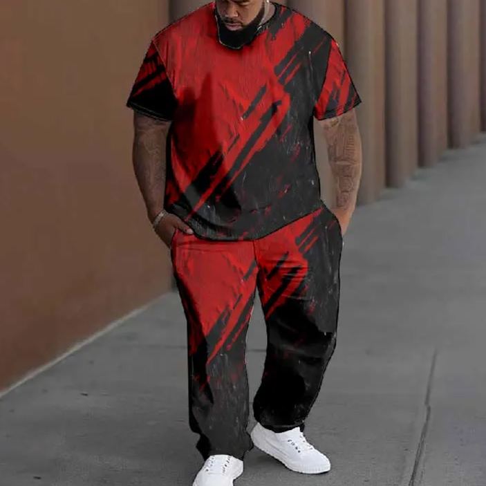  Men's Plus Size Contrast Bicolor Striped Casual Printed T-shirt Pants Set
