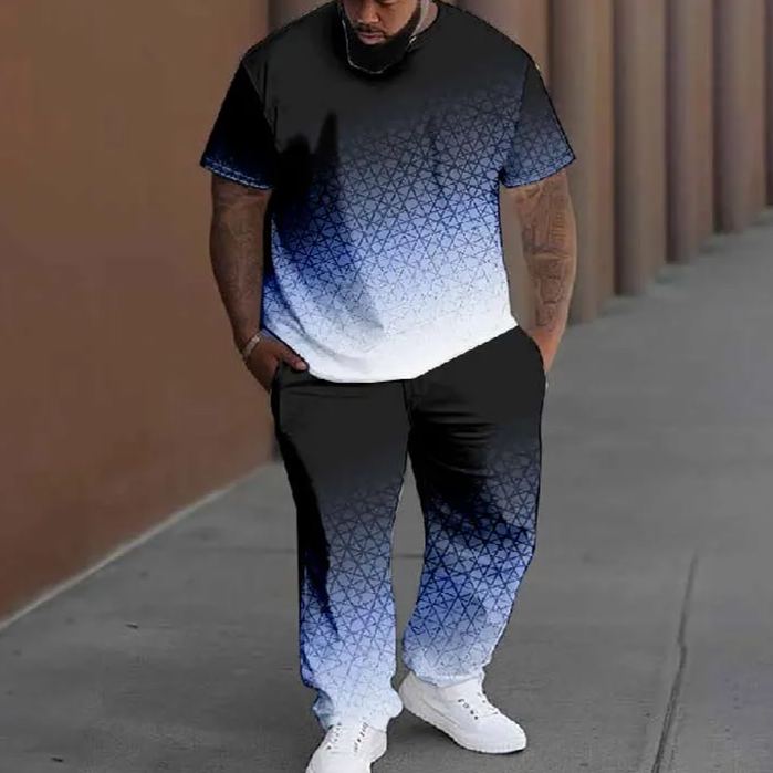  Men's Plus Size Fashion Stacking Rhombic Pattern Printed T-shirt Pants Set