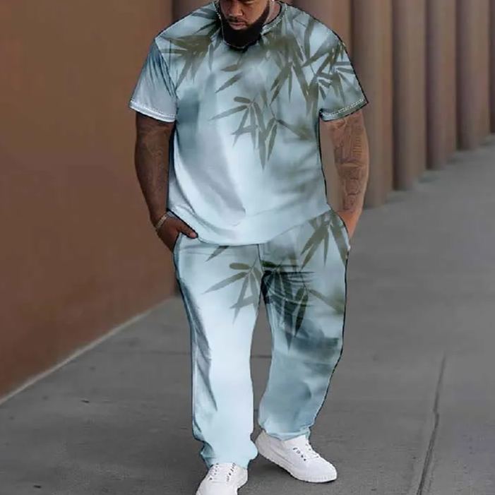  Men's Plus Size Ombre Watercolor Bamboo Pattern Casual Printed T-shirt Pants Set