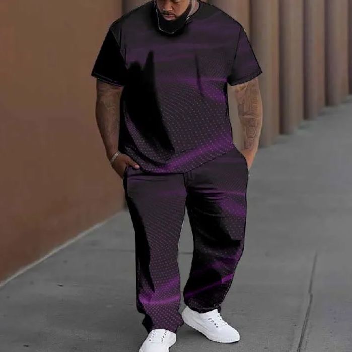  Men's Plus Size Retro Purple Cloudy Spotted Casual Printed T-shirt Pants Set