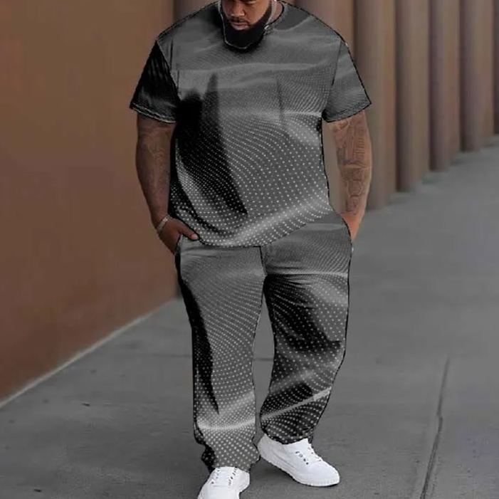  Men's Plus Size Retro Grey Cloudy Spotted Casual Printed T-shirt Pants Set