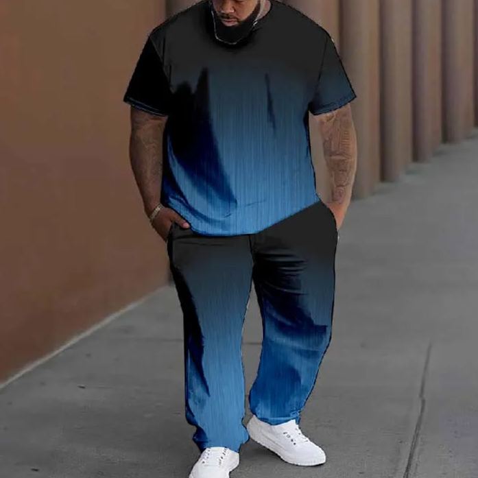  Men's Plus Size Summer Ombre Striped Casual Printed T-shirt Pants Set