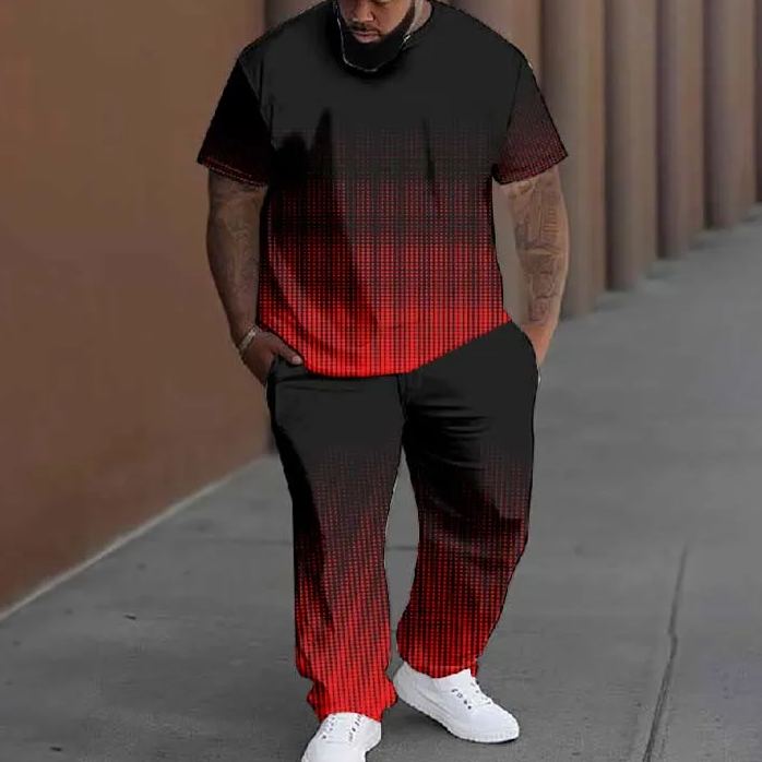  Men's Plus Size Contrast Black And Red Mosaic Casual Printed T-shirt Pants Set