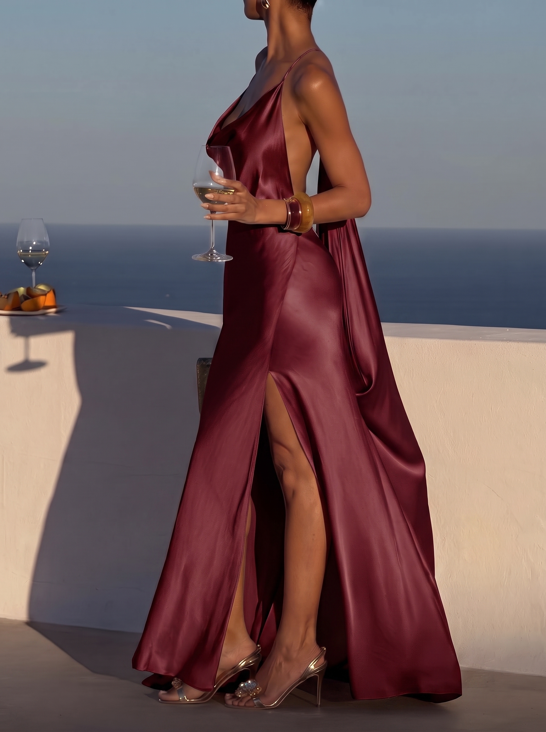 Elegant Satin Draped Backless Maxi Dress