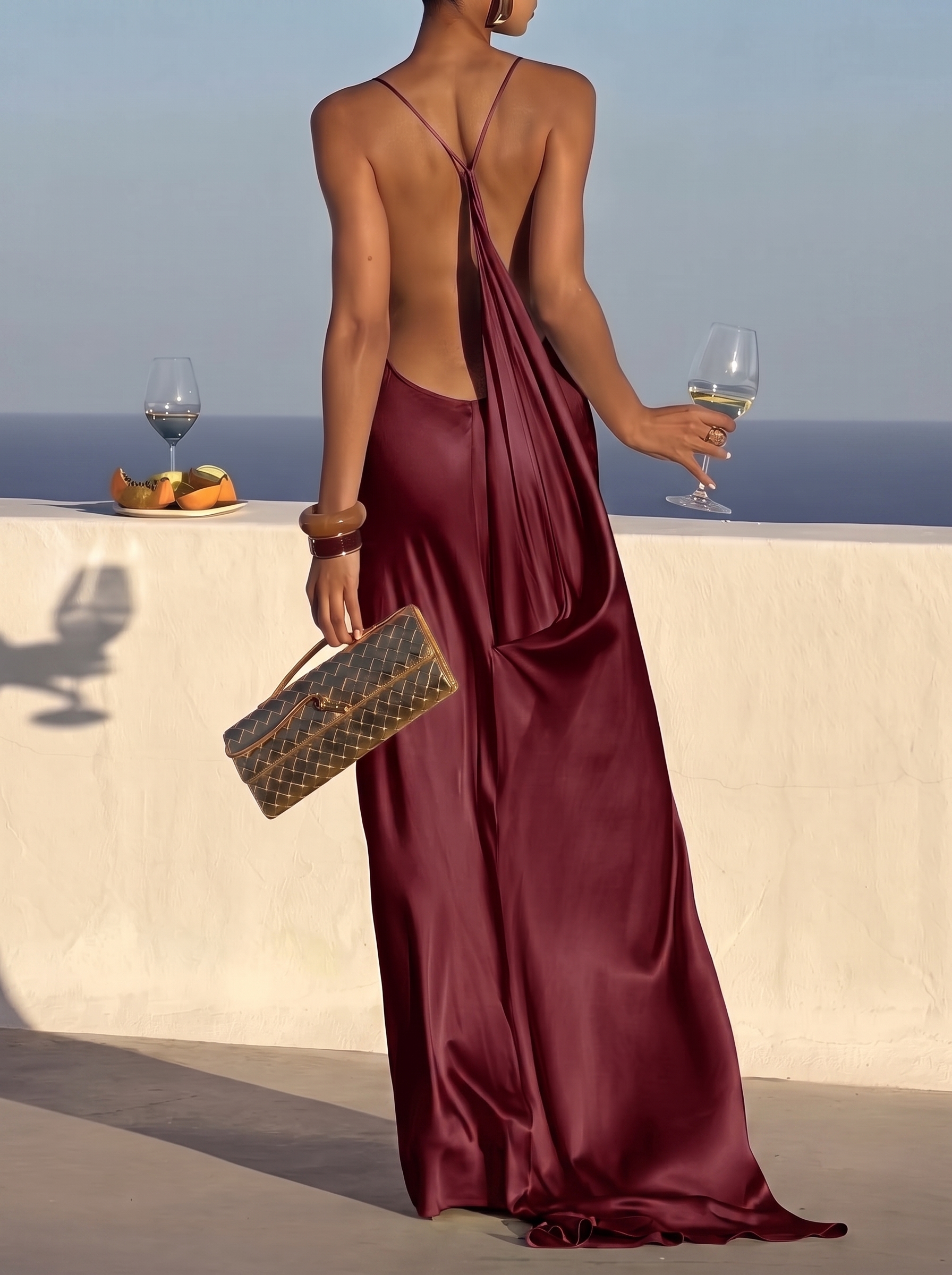 Elegant Satin Draped Backless Maxi Dress
