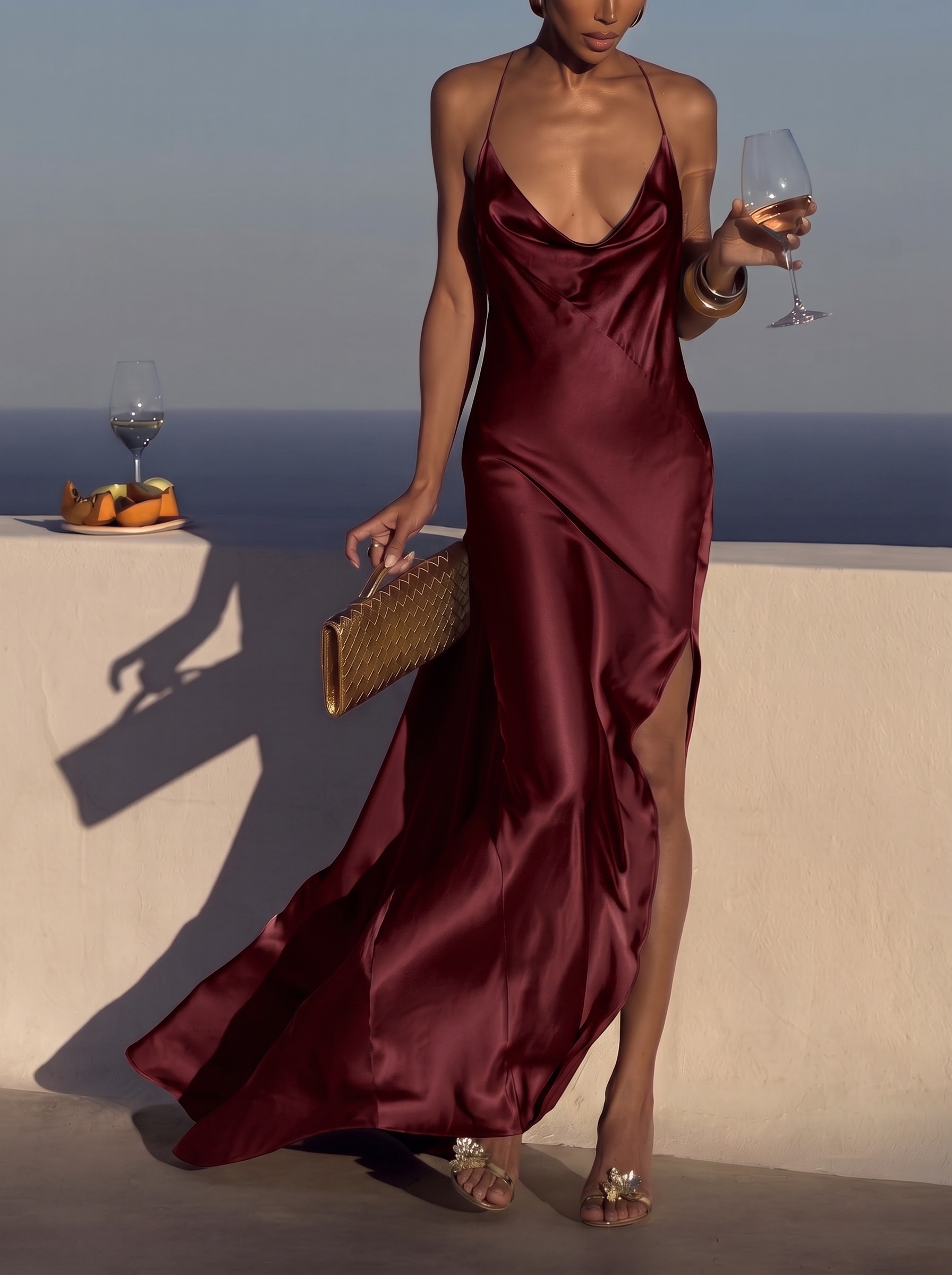 Elegant Satin Draped Backless Maxi Dress
