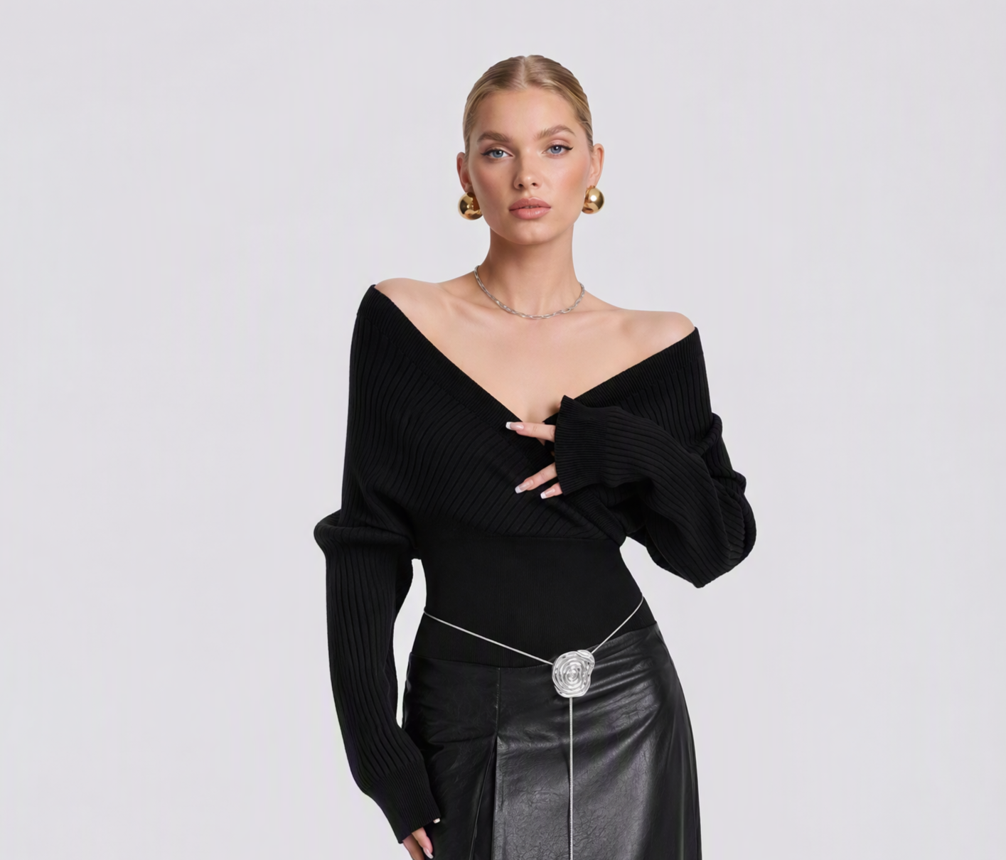Women Off Shoulder Wrap V‑Neck Knit Sweater