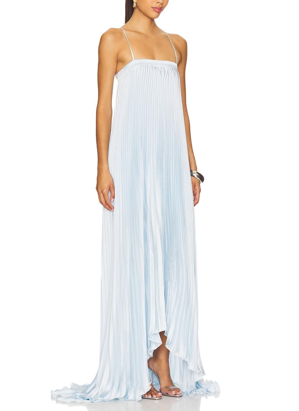 Ethereal Baby Blue Plissé Maxi Dress With Spaghetti Straps & Asymmetric Hem