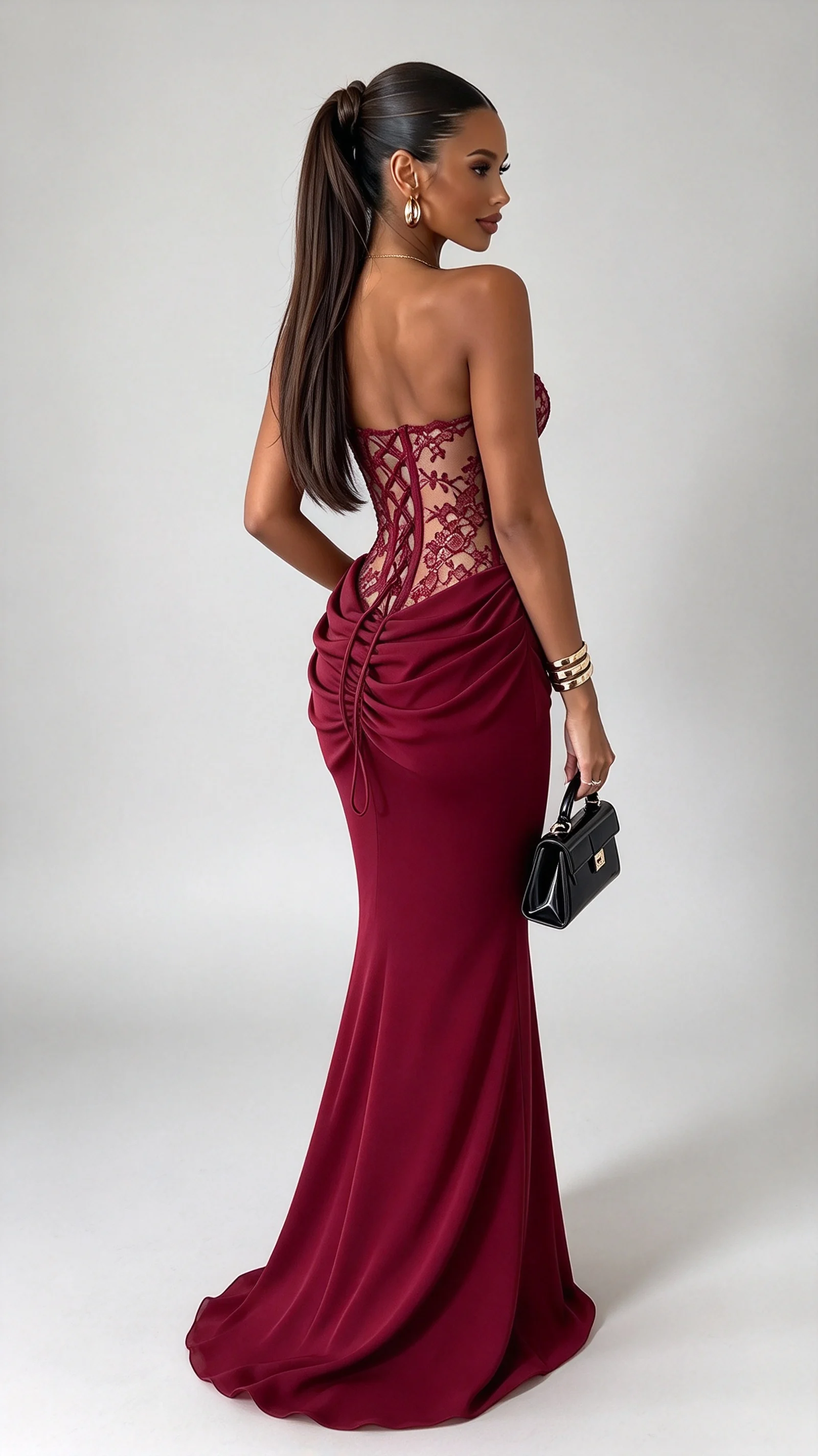Burgundy Strapless Lace Corset Draped Bodice Floor Length Evening Maxi Dress [erp-image:2c82749bdfa934289c6f6016]