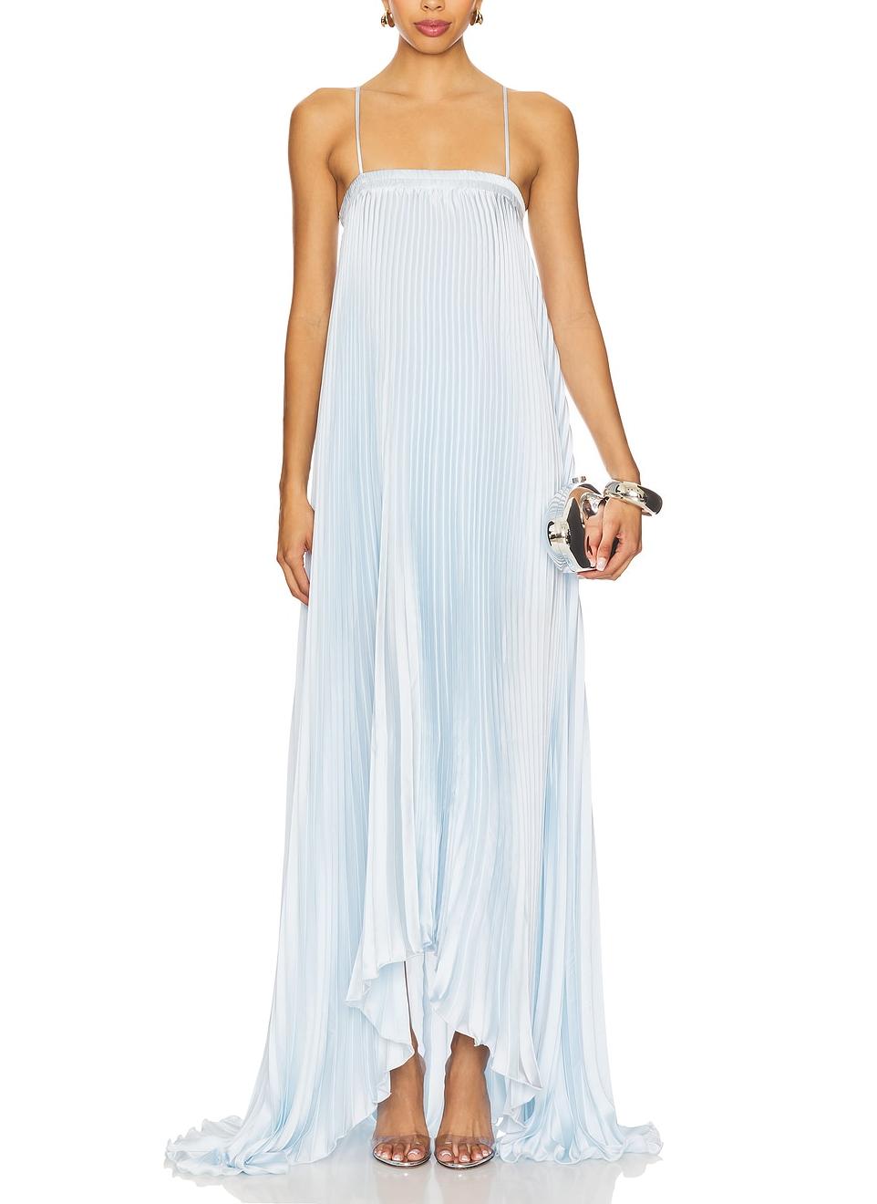 Ethereal Baby Blue Plissé Maxi Dress With Spaghetti Straps & Asymmetric Hem