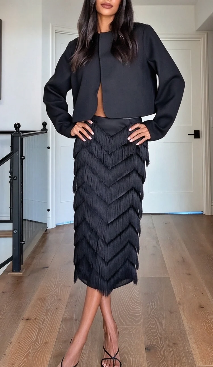 Black Cropped Long Sleeve Jacket and Chevron Fringe Midi Skirt Two Piece Set [erp-image:8d6783f401958b554e3e625b]