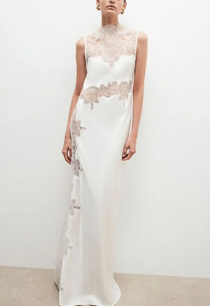 White High Neck Sleeveless Sheer Lace Patchwork Satin Maxi Dress