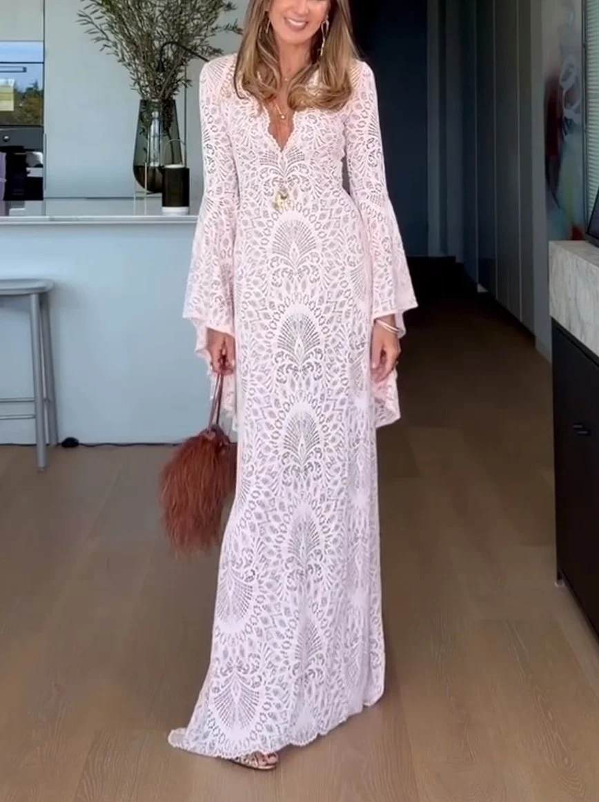 Deep V-Neck Bell Sleeve Lace Maxi Dress in Light Pink