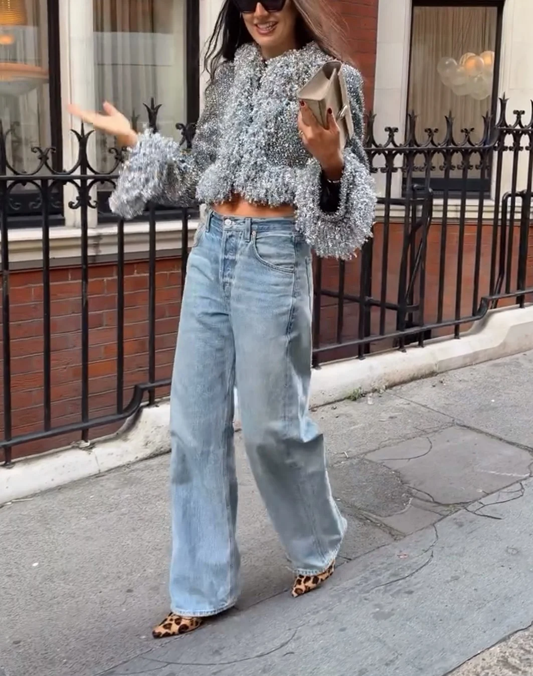 Silver Metallic Tinsel Fringe Cropped Jacket with Long Sleeves