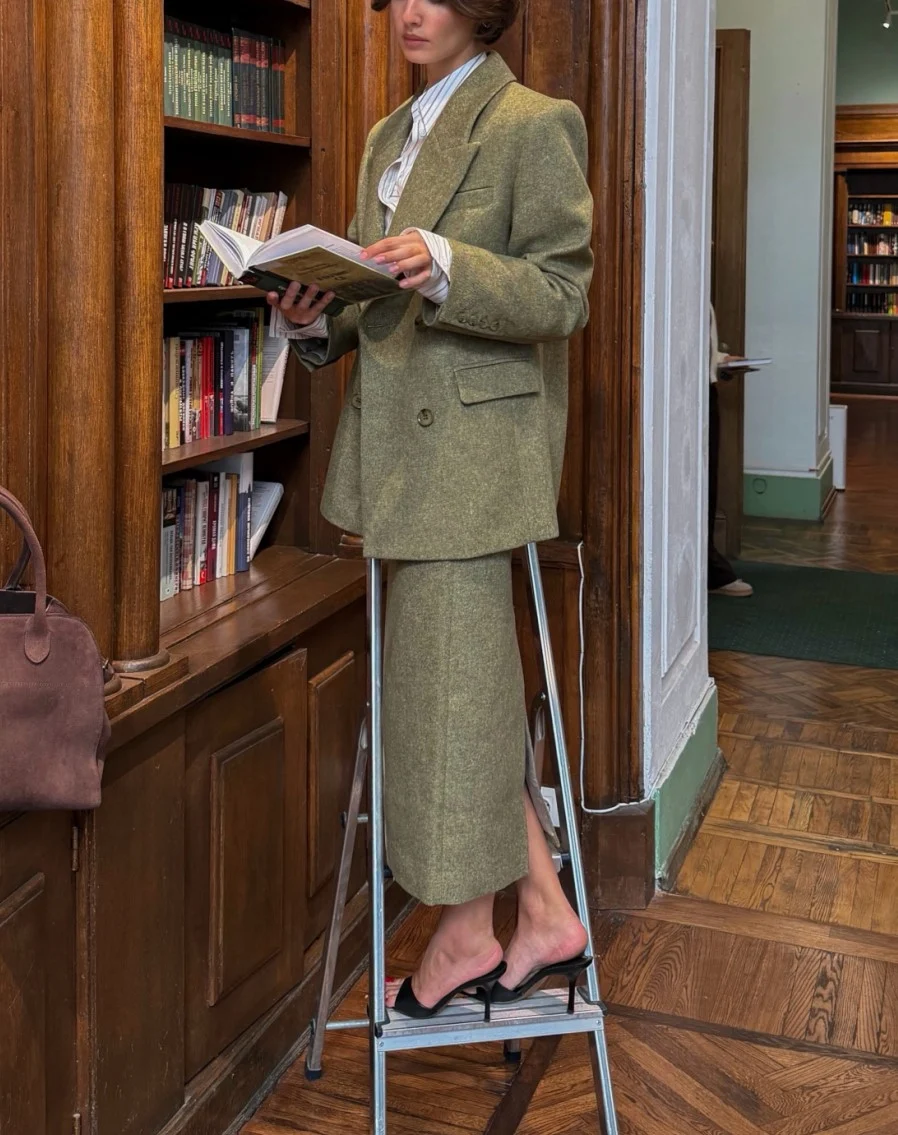 Women's Olive Green Tailored Blazer and Column Maxi Skirt Two Piece Set
