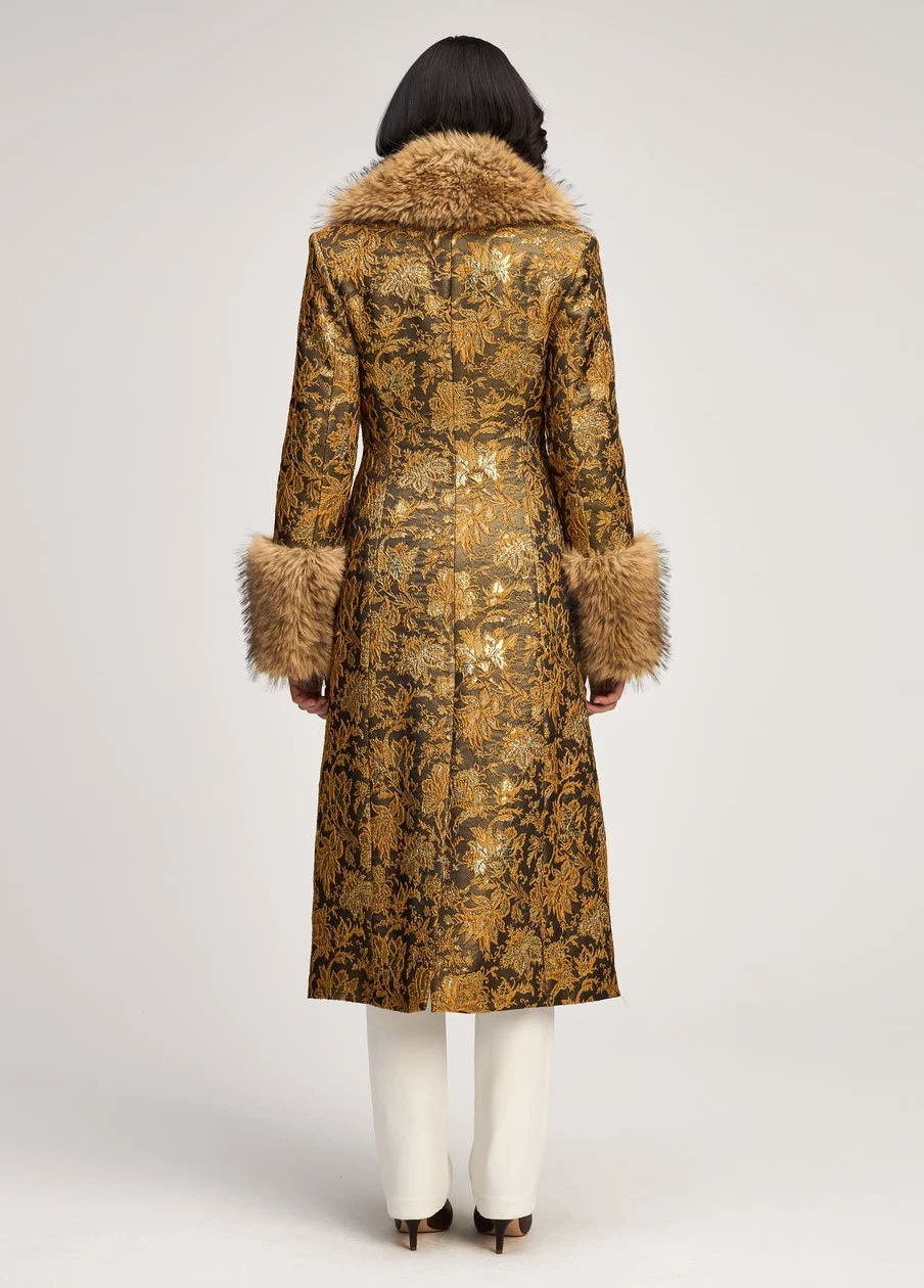 Women's Metallic Gold Jacquard Long Coat with Plush Faux Fur Collar